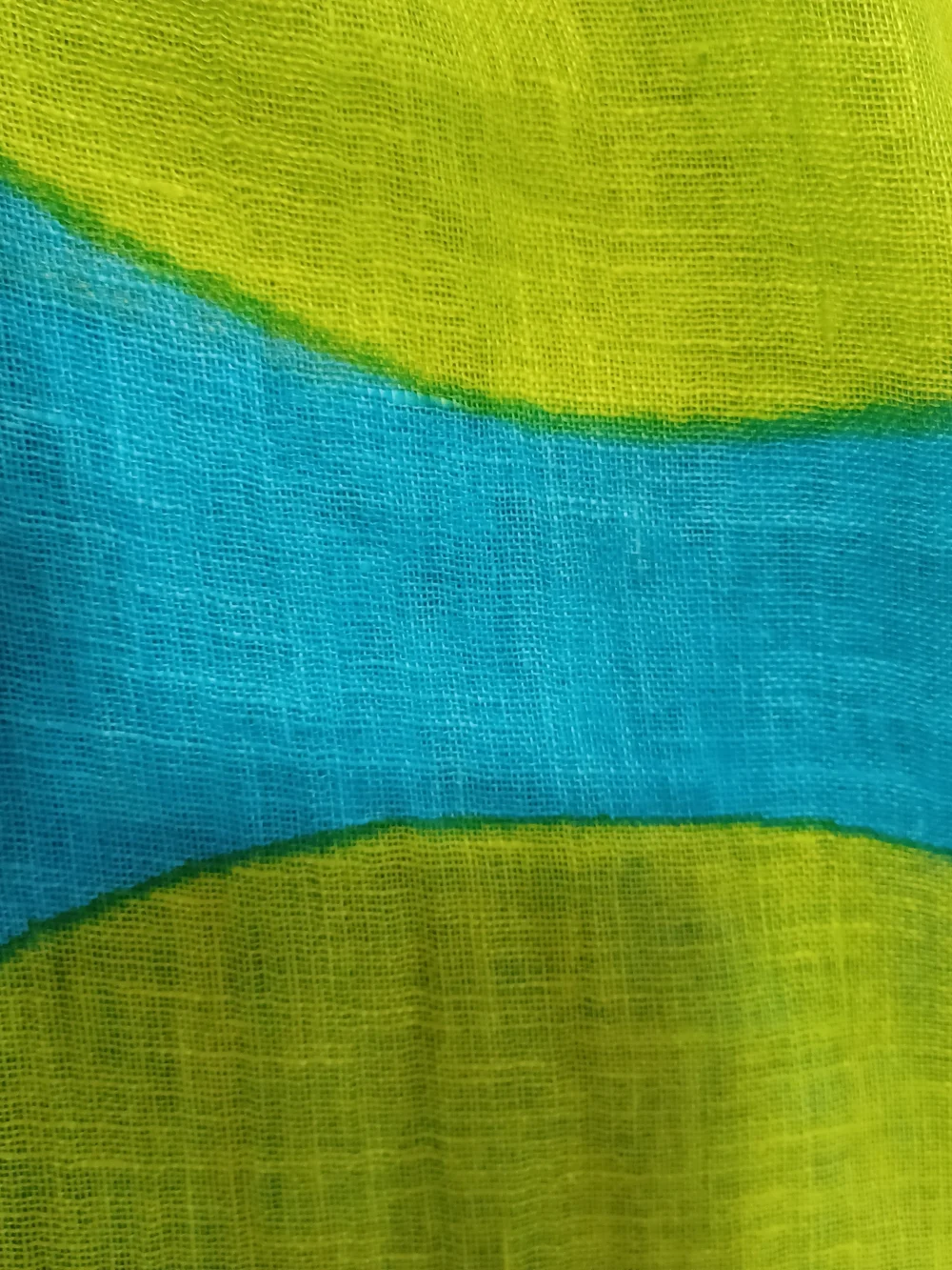100% Linen Turquoise and Lime Leaf-Print Lightweight Scarf